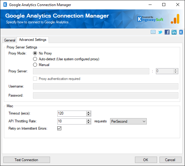 SSIS Google Analytics Connection - Advanced Settings